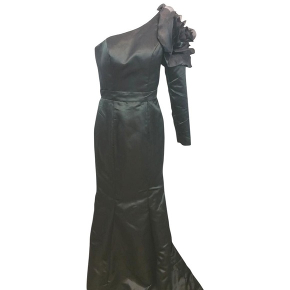 Black One Shoulder Evening Gown with Satin Fold Neckline and Embellished Detail